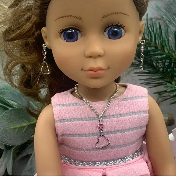 Silver Heart Pink Crystal Silver Doll Necklace Earring Set 14” Wellie Wisher 5/1 - Picture 3 of 15